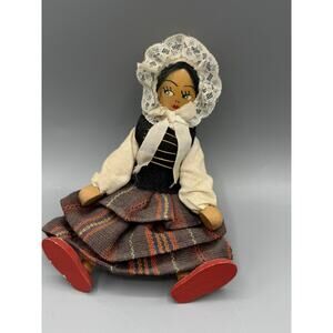 Vintage Made in Poland Wooden Folk Art Doll Lace Bonnet 7” Red Shoes